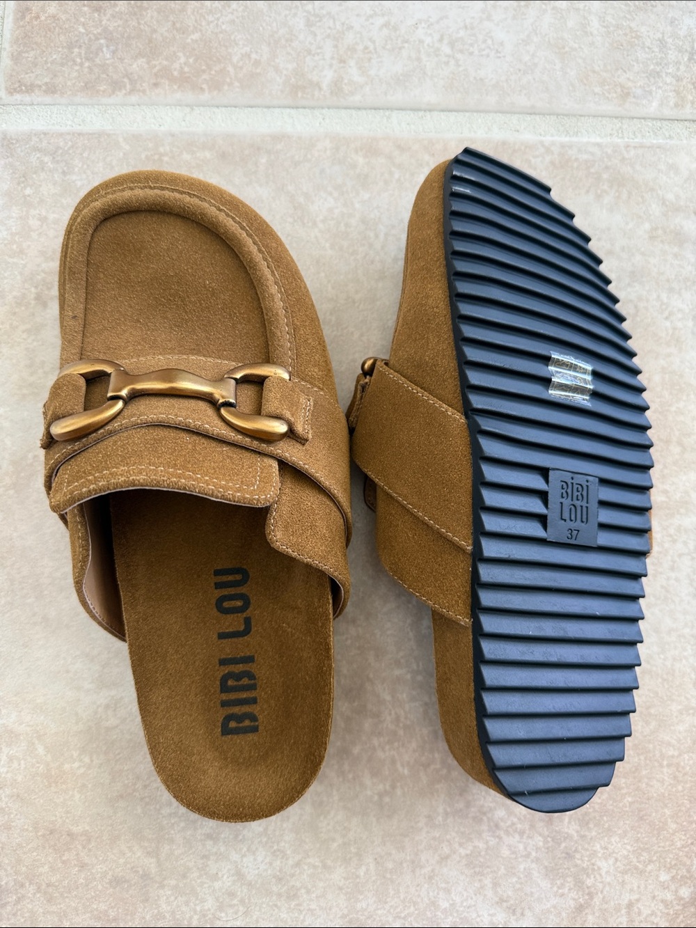 Bibi Lou Tan Suede Slip-On Mules with Buckle Accent